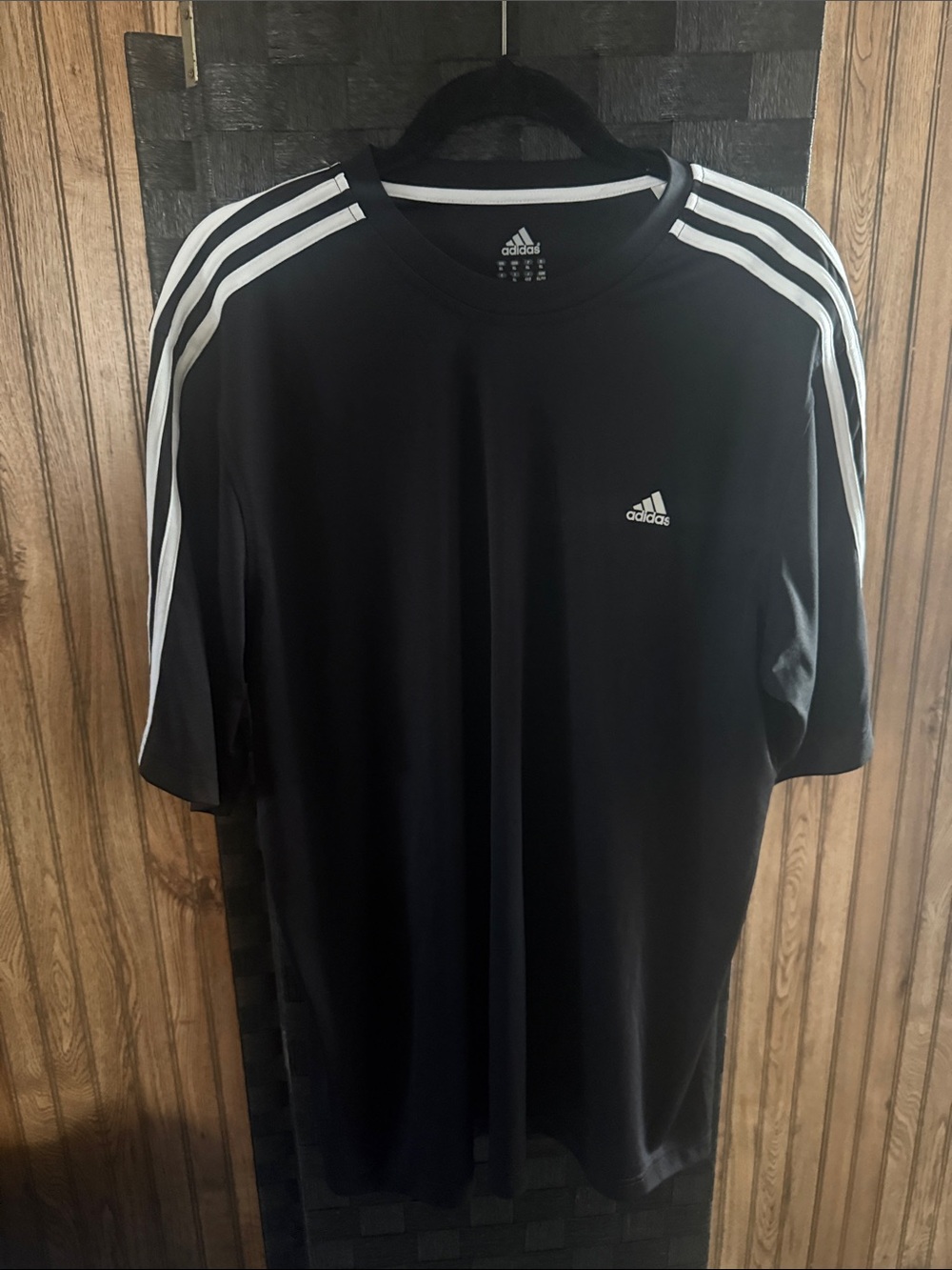 adidas Black Tee with White Shoulder Stripes and Logo